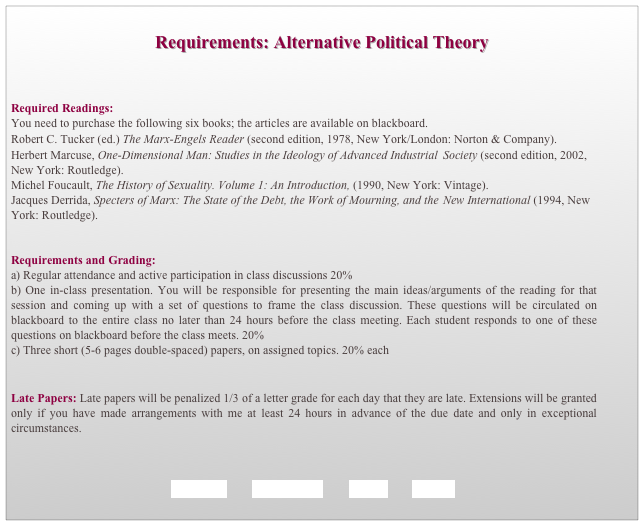 
Requirements: Alternative Political Theory



Required Readings:
You need to purchase the following six books; the articles are available on blackboard.
Robert C. Tucker (ed.) The Marx-Engels Reader (second edition, 1978, New York/London: Norton & Company).
Herbert Marcuse, One-Dimensional Man: Studies in the Ideology of Advanced Industrial 	Society (second edition, 2002, New York: Routledge).
Michel Foucault, The History of Sexuality. Volume 1: An Introduction, (1990, New York: Vintage).
Jacques Derrida, Specters of Marx: The State of the Debt, the Work of Mourning, and the 	New International (1994, New York: Routledge). 


Requirements and Grading:
a) Regular attendance and active participation in class discussions 20%
b) One in-class presentation. You will be responsible for presenting the main ideas/arguments of the reading for that session and coming up with a set of questions to frame the class discussion. These questions will be circulated on blackboard to the entire class no later than 24 hours before the class meeting. Each student responds to one of these questions on blackboard before the class meets. 20%
c) Three short (5-6 pages double-spaced) papers, on assigned topics. 20% each 


Late Papers: Late papers will be penalized 1/3 of a letter grade for each day that they are late. Extensions will be granted only if you have made arrangements with me at least 24 hours in advance of the due date and only in exceptional circumstances.  



                                              COURSE        SYLLABUS        BACK        HOME
